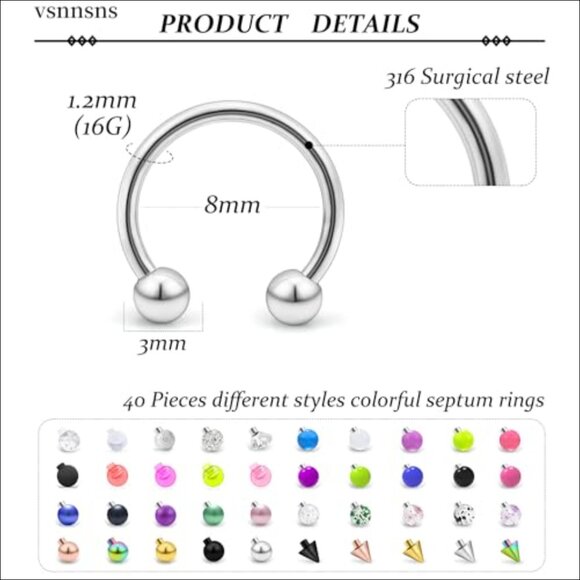 316L Surgical Steel Septum Rings Piercing Jewelry 40 Piece Set - Picture 2 of 7